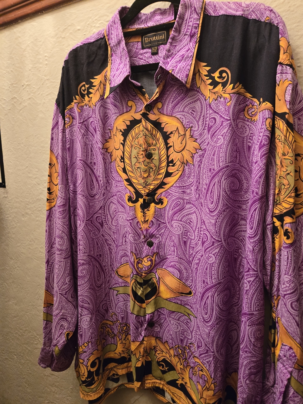 Vintage Bruttini Uomo Purple Paisley Baroque Button Up Shirt Y2K Versace Vibes - Picture 5 of 9